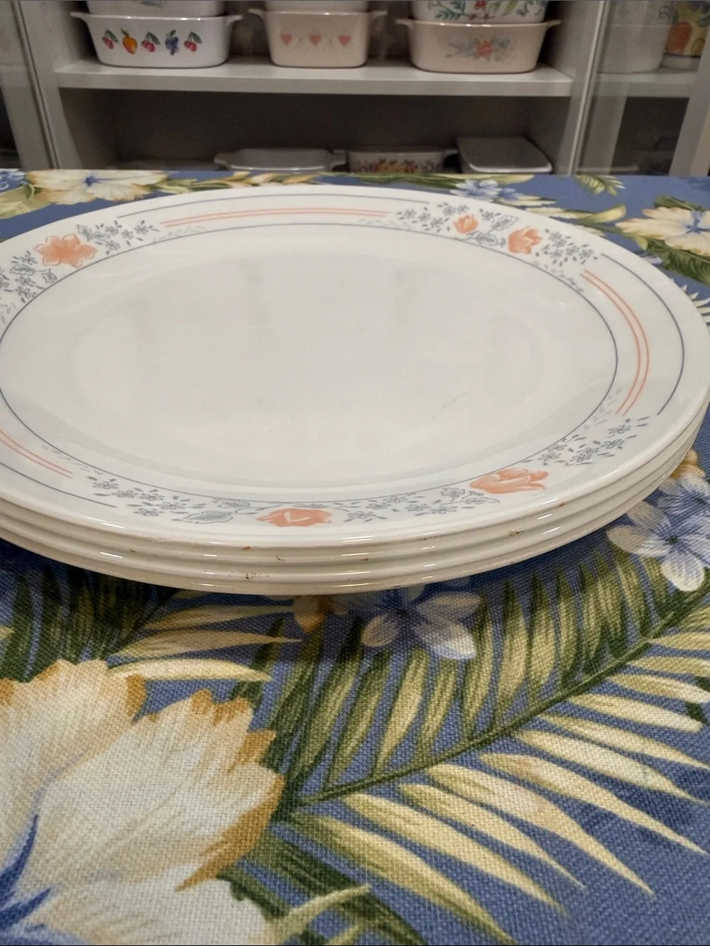 Four Corelle White Dinner Plates with Apricot pattern